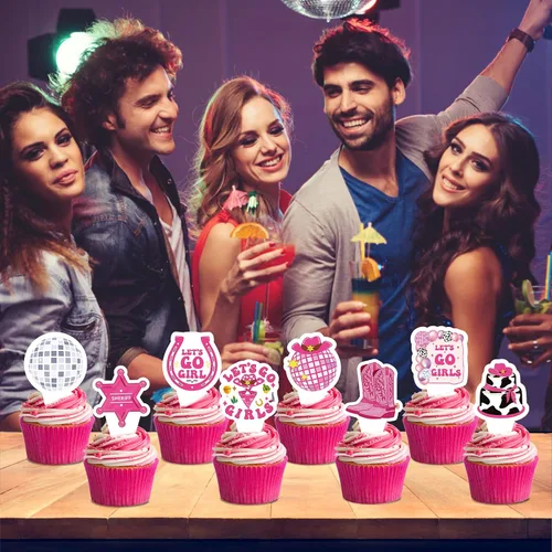 Miniatura 4 de Decoración para tartas de cumpleaños de vaquera disco – NOVBAUB 48 piezas de decoración de fiesta de cumpleaños de vaquera rosa intenso, suministros