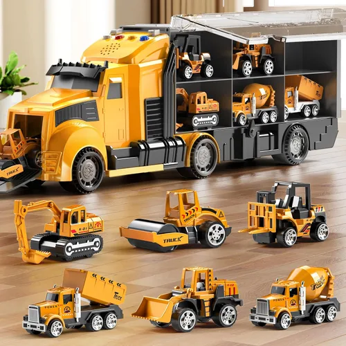 NIPLOOOW Juego de juguetes de camiones de construcción con alfombra de juego, juego de vehículos de transporte de camiones para niños de 3, 4, 5 y 6