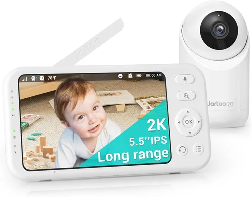Jartoo Monitor de bebé de video 2K con cámara y audio, monitor de bebé de largo alcance de 1860 pies sin WiFi Pantalla FHD de 5.5 pulgadas, cámara