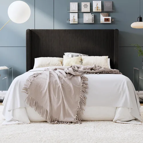 SHA CERLIN - Base de cama tamaño Full tapizada en pana con plataforma y cabecera acolchada con diseño acanalado vertical estilo wingback, 8" de