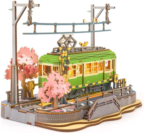 Rolife Sakura Journey Tram - Rompecabezas de madera 3D para adultos, kits de construcción de modelos de bricolaje con luces LED, regalo creativo