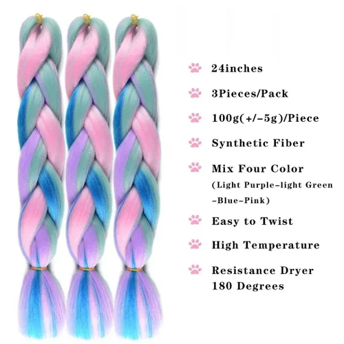 Miniatura 2 de Cabello trenzado jumbo para mujer, mezcla de extensiones de cabello de cuatro colores para trenzar, 24 pulgadas, colores arcoíris, fibra sintética