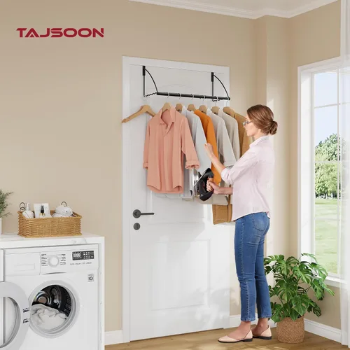Miniatura 2 de Tajsoon Percha para colgar sobre la puerta extensible y ajustable, percha para colgar ropa sobre la puerta para toallas y abrigos, ganchos para Negro