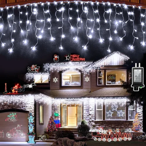 Miniatura 17 de Luces de Navidad de carámbano para exteriores, 60 pies, 612 luces LED con 136 gotas, 12 modos, regulable, temporizador y resistente al agua, 29 V