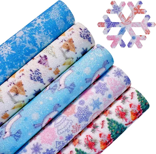 Miniatura 2 de Sábanas de piel sintética con estampado de copos de nieve de Navidad, 8 x 12 pulgadas, tela brillante con purpurina fina para lazos, manualidades