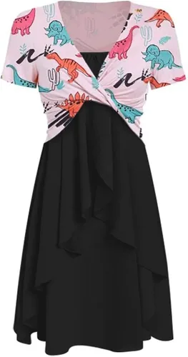 Womens Casual Loose Sundress Short Sleeve Bow Knot Bandage Top Sunflower Print Flowy Pleated Swing Summer Beach Dress