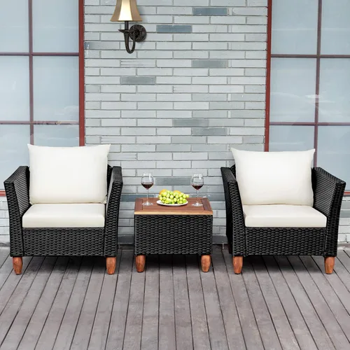 Miniatura 3 de Tangkula Patiojoy - Juego de muebles de patio de 3 piezas, juego de sofá bistró de mimbre para exteriores con cojín lavable, mesa de centro de Blanco