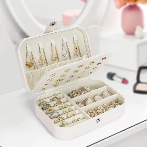 Miniatura 2 de Mpeyuiltic Joyero de viaje, estuche de joyería portátil de piel sintética pequeño para mujeres y niñas, organizador de joyas de viaje de doble capa