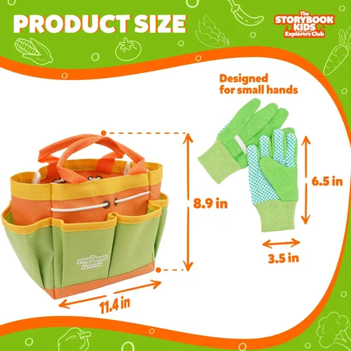 Miniatura 8 de Juego de jardinería para niños – El kit de jardinería para niños pequeños incluye regadera para niños, pala, rastrillo, estacas para plantas, Naranja