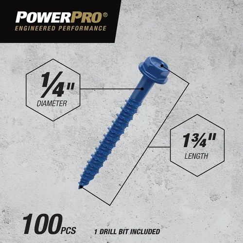 Miniatura 3 de Power Pro Anclajes de tornillo de hormigón con cabeza hexagonal azul (1/4" x 1-3/4") - 100 piezas