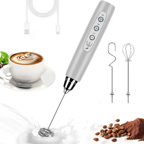 Miniatura 8 de BSRGMS Espumador de leche de mano para café, batidor eléctrico de 3 velocidades ajustables, mezclador de bebidas con 3 batidores de acero Plateado