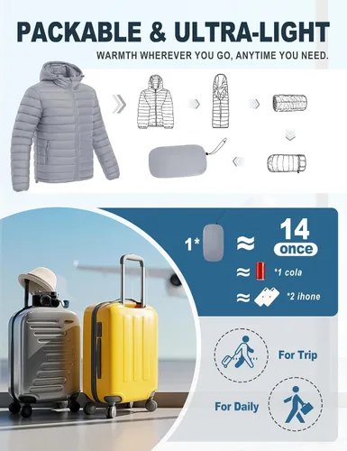 Miniatura 6 de Chaqueta acolchada ligera y plegable para hombre, con capucha, aislada, resistente al agua, para esquí, senderismo, viajes