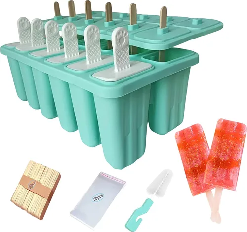 Miniatura 10 de Moldes de silicona para paletas con palillos, 6 cavidades, molde para helado con cepillo limpio, 6 palitos reutilizables, 50 palitos, 50 bolsas, Azul