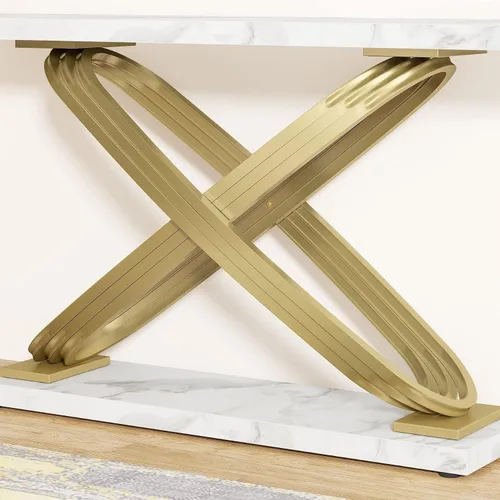 Miniatura 4 de Consola moderna de mármol de 55 pulgadas, mesa larga, estrecha, rectangular, para sala de estar, color dorado y blanco glamuroso, metal, madera