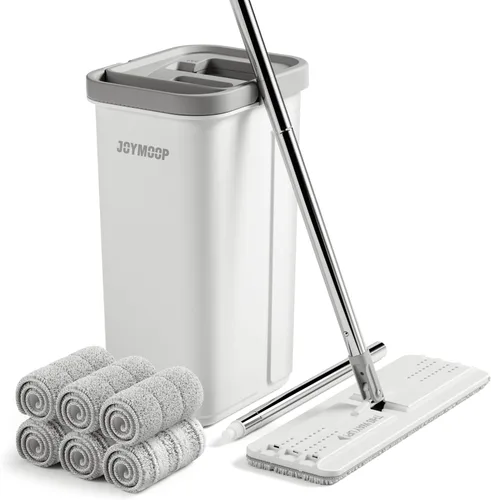 JOYMOOP Juego de trapeador y cubeta con escurridor, trapeador plano de piso sin manos y cubeta, trapeador de 152 cm con 6 almohadillas de microfibra