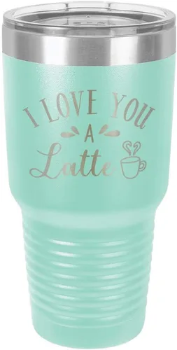 Miniatura 21 de Taza de viaje de acero con recubrimiento de polvo grabado con láser, con texto en inglés "I Love You A LATTE Engraved Tumbler", sin BPA