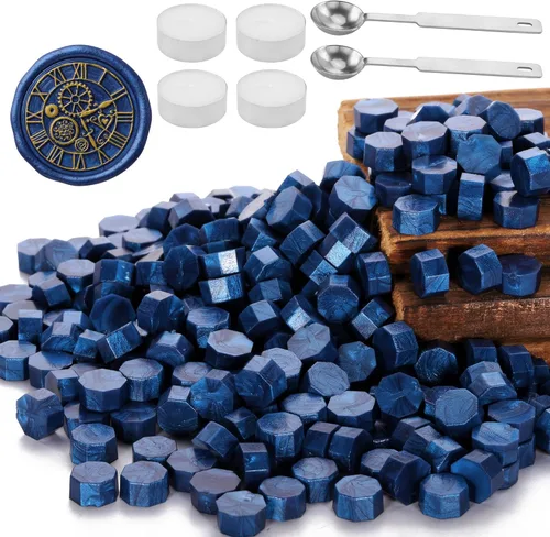 Yoption 300 cuentas de cera de sellado azul brillante, cuentas de sello octágono vintage con 4 velas y 2 cucharas de fusión para sello de cera (azul