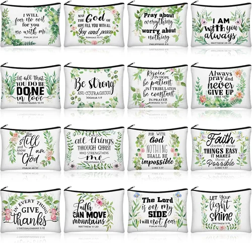 Miniatura 12 de Pinkunn - 16 bolsas de maquillaje de lona, regalos a granel para mujeres, bolsa de cosméticos inspiradores cristianos religiosos con cremallera
