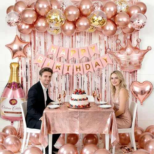 Miniatura 6 de Decoraciones de cumpleaños para mujeres con pancarta de feliz cumpleaños, cortinas, botella, corona, globos de estrella de corazón, globos de oro