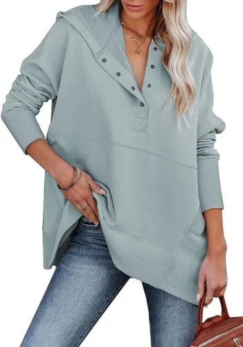Miniatura 2 de SHEWIN Sudadera de gran tamaño para mujer, casual, con botones, cuello en V, con bolsillo