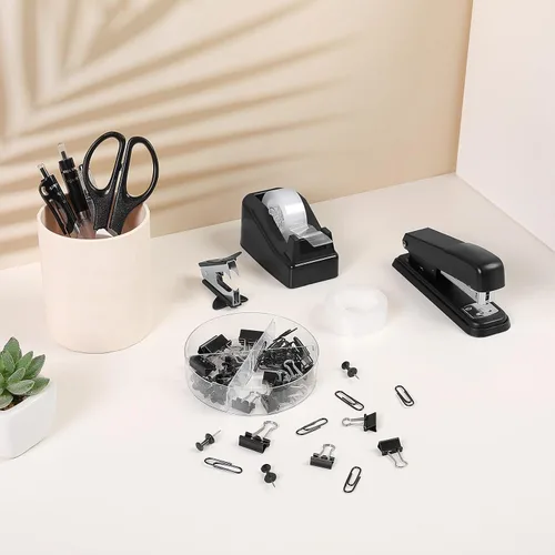 Miniatura 9 de SKYDUE Juego de suministros de oficina negros, accesorios de escritorio negros, grapadora, dispensador de cinta, tijeras, carpeta/clips de papel