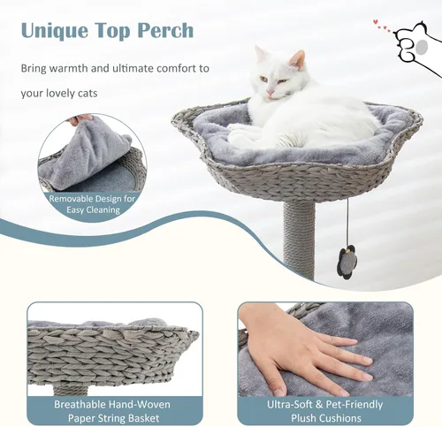 Miniatura 7 de Tangkula Árbol para gatos de interior, torre para gatos de 42 pulgadas con marco de soporte de metal curvado, postes rascadores de sisal, percha