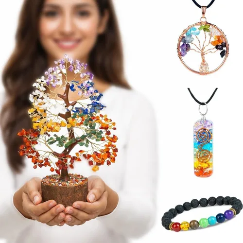 Miniatura 9 de Árbol de la vida de los siete chakras con cristales con pulsera y 2 colgantes – Decoración de bonsái Feng Shui con cristales curativos, regalos