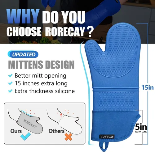 Miniatura 2 de Rorecay Juego de 6 manoplas para horno y soportes para ollas para cocina, guantes de horno de silicona extra largos y antideslizantes resistentes al