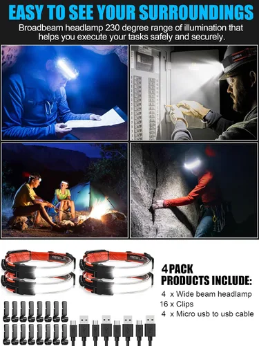 Miniatura 7 de Linterna Frontal LED 4 Unidades, 1000 Lúmenes 230° Haz Ancho, Lámpara de Cabeza Recargable USB con Luz Trasera Roja, Linternas Frontales Ligeras e