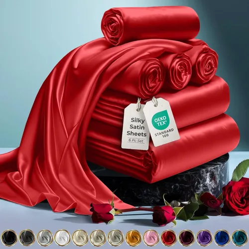 Miniatura 36 de DECOLURE Sábanas de satén para cama - Juego de 6 piezas de ropa de cama de lujo sedosa tamaño King - Más suave que la seda, sin arrugas con sábana