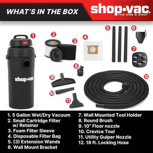 Miniatura 3 de Shop-Vac 9522205 Aspiradora para polvo y agua de 5 galones, 5.5 HP Máximo, diámetro de 1.25 pulgadas x manguera de 18 pies, cable de 6 pies, montaje