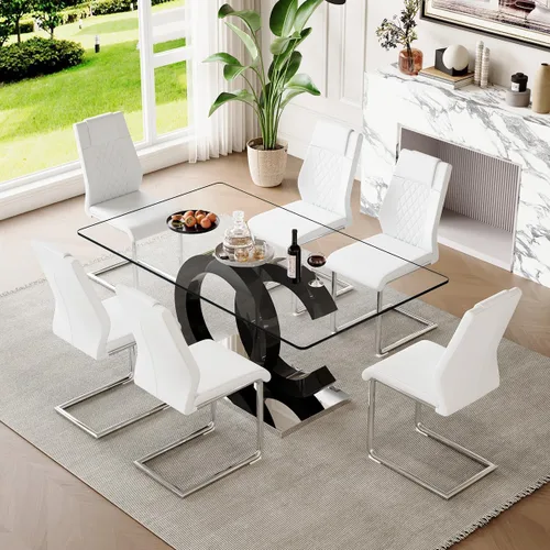 Miniatura 30 de gopop Mesa de comedor de cristal de 63 pulgadas, mesa de cocina moderna, mesa de comedor de vidrio transparente con patas de diseño único negro