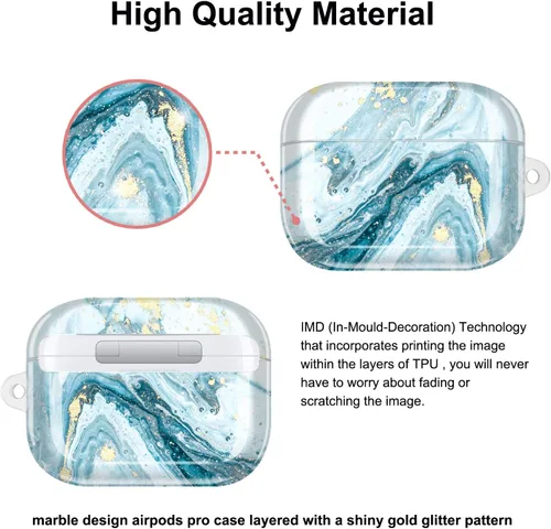 Miniatura 2 de Compatible con AirPods Pro 2019 / Airpods Pro de 2ª generación, diseño de mármol dorado brillante con purpurina, lindo protector completo de Azul
