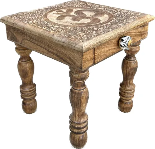 Miniatura 3 de DharmaObjects Mesa de meditación de altar de altar de oración tallada a mano de madera maciza de mango (OM)