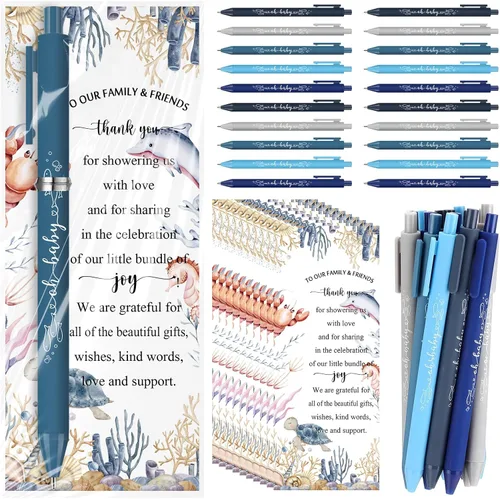 Engrowtic Juego de 25 bolígrafos de regalo para baby shower para invitados con temática oceánica para baby shower, bolígrafos retráctiles con
