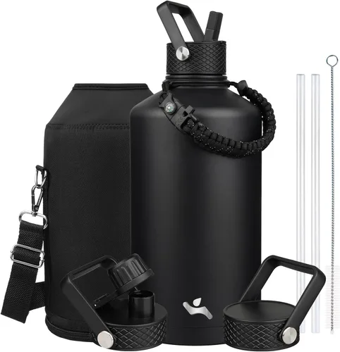 Miniatura 10 de Konokyo - Botella de agua aislada de 18 onzas, botellas deportivas de acero inoxidable con 3 tapas, verde militar