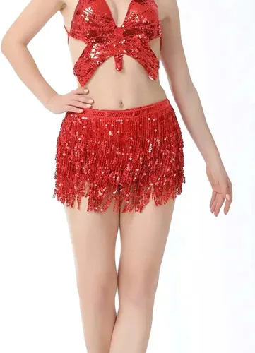 Miniatura 5 de OYOANGLE Women's Dance Skirt Sequin Tassel Multilayer Hip Scarf Adjustable Boho Style Belly Dance Skirts