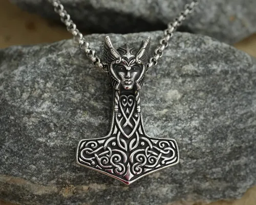Miniatura 37 de Viking Thors Hammer Necklace Pendant - Vegvisir Aegishjalmur Helm of Awe Raven Huginn Muninn Pendant Necklace Amulet Talisman - Thor Necklace