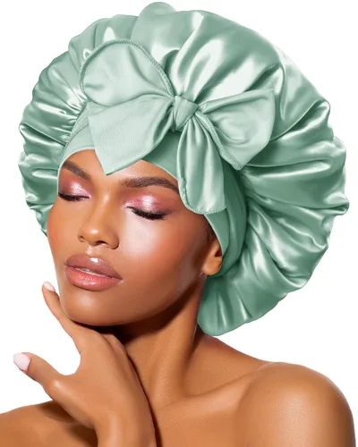 Miniatura 8 de Gorro de satén de seda para dormir con banda ancha para cabello rizado, color rosado oro rosa claro