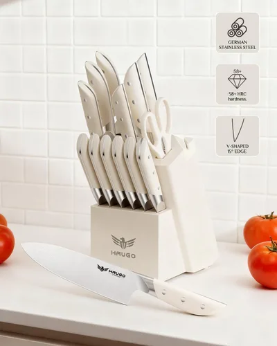 Miniatura 3 de Juego de cuchillos de cocina con bloque: 14 piezas de acero inoxidable alemán de espiga completa - Agarre cómodo que reduce la fatiga de la mano 30%
