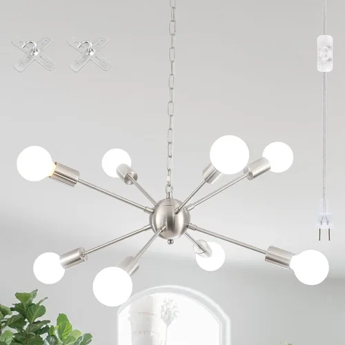 Miniatura 8 de Lámpara colgante enchufable, 6 luces colgantes con cable de enchufe de 16.4 pies e interruptor de encendido/apagado de níquel cepillado, lámpara