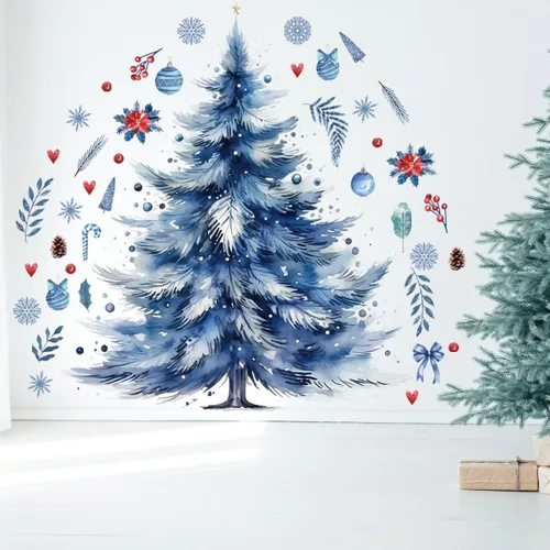 Miniatura 2 de 59x47 Pulgadas Adhesivos de Árbol de Navidad Azul Grande para Pared, Extraíbles DIY, Adhesivos de Árbol de Navidad Acuarela Gigantes para Baño