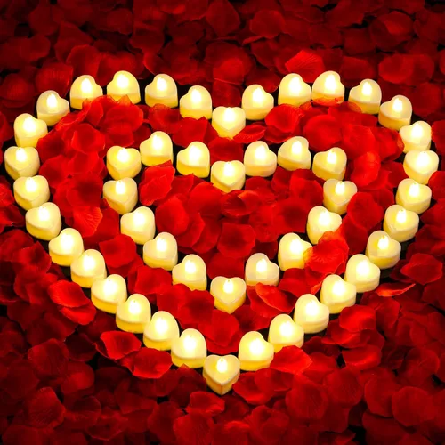 Audab Juego de pétalos de rosa y velas para decoraciones románticas, 48 velas románticas con 4000 pétalos de rosa falsos para noche especial,