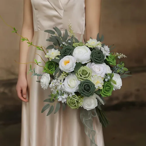 Miniatura 3 de YYHUAWU Caja Combo de Flores Artificiales Color Verde Bosque Rosas Falsas de Espuma con Tallos para Ramos de Boda DIY Centros de Mesa Baby Shower