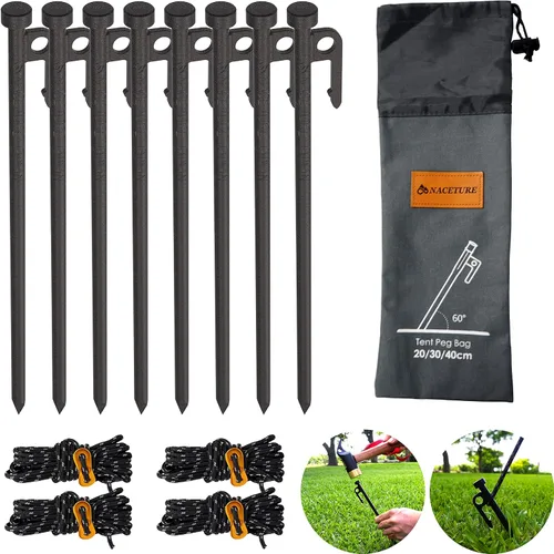 Miniatura 9 de Estaca Resistente para Tienda de Campaña de 12 Pulgadas, Paquete de 4 con Cuerdas Tensoras de Campamento, Estacas de Patio para Toldo, Estacas