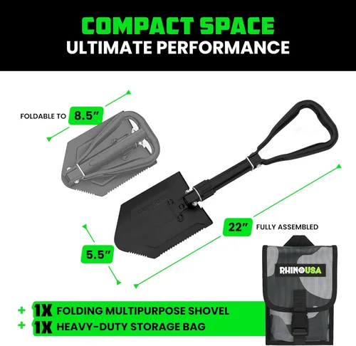 Miniatura 5 de RHINO USA Pala plegable de supervivencia con pico - Herramienta de atrincheramiento estilo militar de acero de carbono resistente para todoterreno