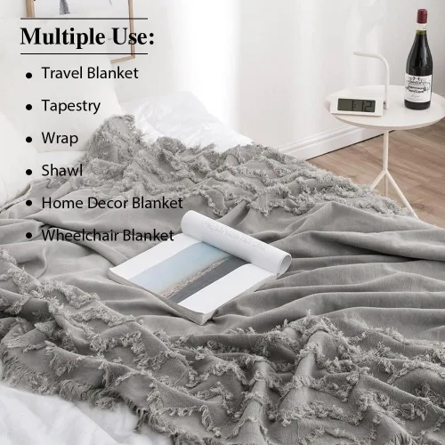 Miniatura 4 de Simple&Opulence Manta 100% algodón para cama, sofá, manta tejida en zigzag tejida bohemia con borlas, suave, ligera, transpirable, acogedora, Gris