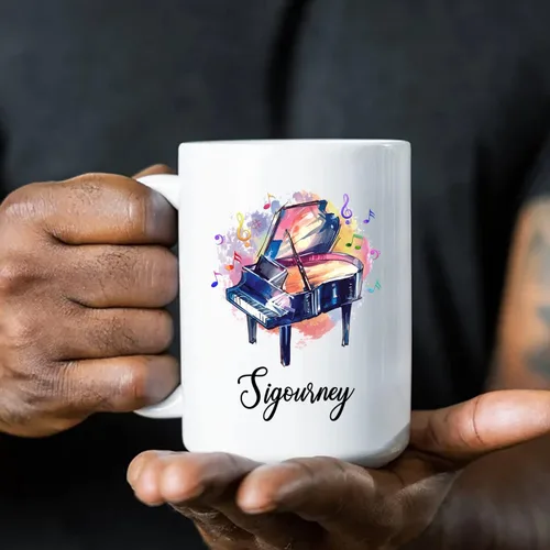 Miniatura 5 de Taza de café blanca con nombre personalizado para reproductor de piano, 11 y 15 onzas, taza de café con instrumento musical de piano, regalos