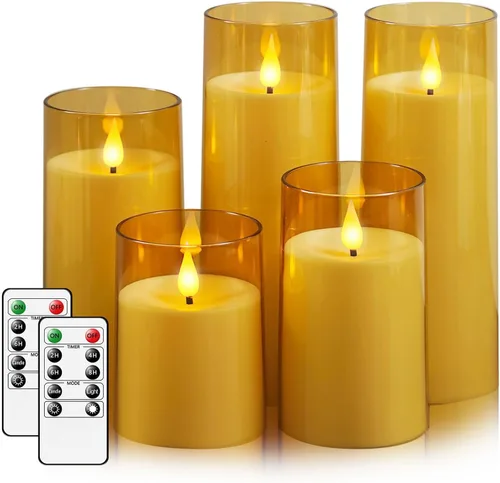 Fo32won Velas LED ámbar sin llama que funcionan con pilas con temporizador remoto, paquete de 5 velas acrílicas parpadeantes 3D para el hogar, sala