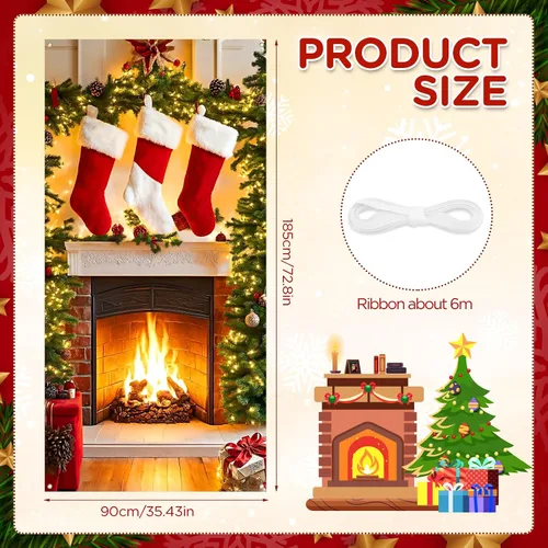Miniatura 5 de Cartel de cubierta de puerta de chimenea de Navidad con medias y letrero – Fondo de soporte para cabina de fotos para vacaciones interior/exterior